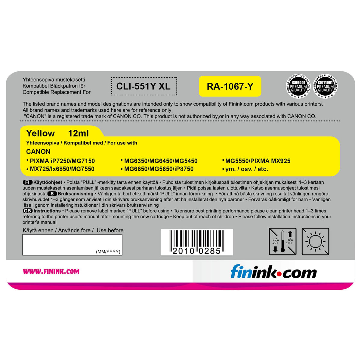 Keltainen mustepatruuna, korvaa Canon CLI-551Y XL | Finink.com